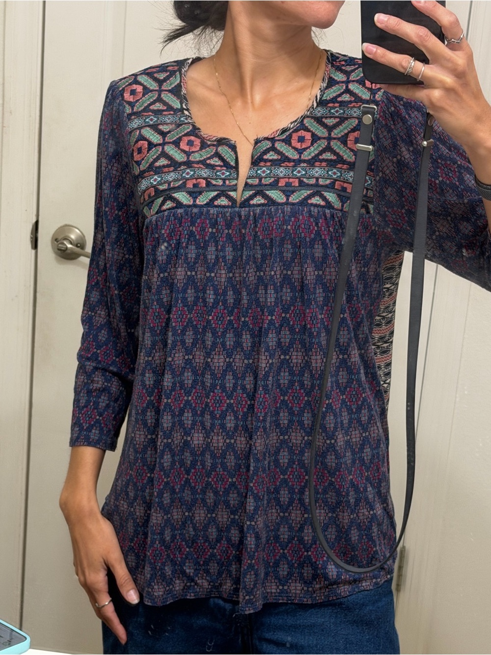 Boho Split-Neck Printed Peasant Top in Navy & Teal
